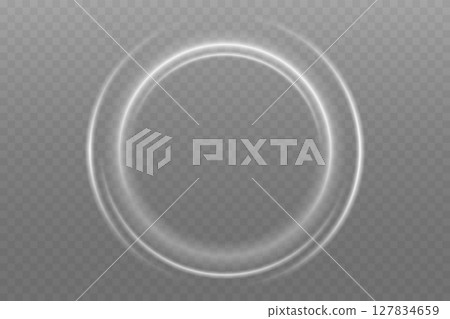 Luminous Spiral Light Twirl with Shiny Wave Motion, White Glowing Particles. Glitter silver neon circle ring frame. Light white Twirl. Curve light effect of white line. Abstract luxury white light 127834659