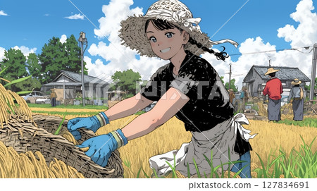 A woman working in a rice field 127834691