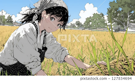 一名在稻田裡工作的婦女 一名在稻田裡工作的婦女 127834694