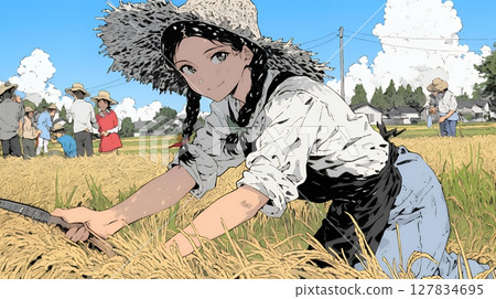 A woman working in a rice field 127834695