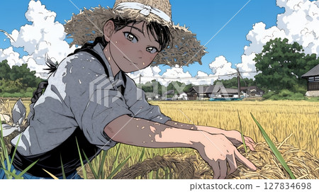 一名在稻田裡工作的婦女 一名在稻田裡工作的婦女 127834698