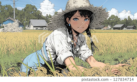 一名在稻田裡工作的婦女 一名在稻田裡工作的婦女 127834714