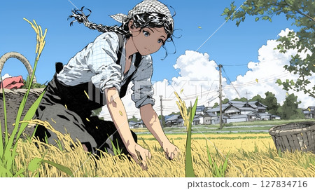 A woman working in a rice field A woman working in a rice field 127834716