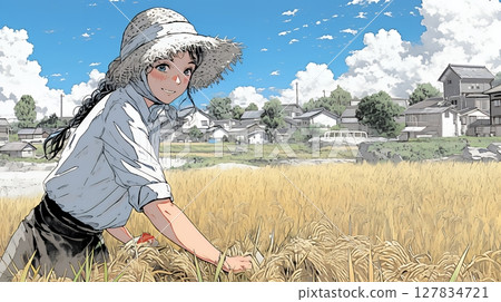 一名在稻田裡工作的婦女 一名在稻田裡工作的婦女 127834721