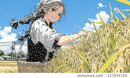 一名在稻田裡工作的婦女 一名在稻田裡工作的婦女 127834729