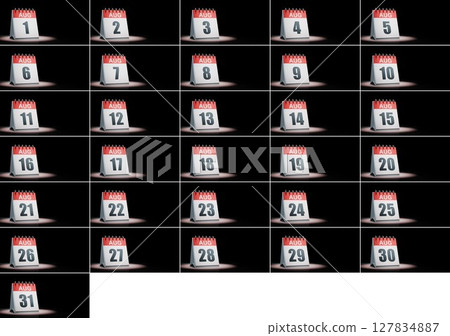 August Calendar Days Set Spotlighted on Black Background 127834887
