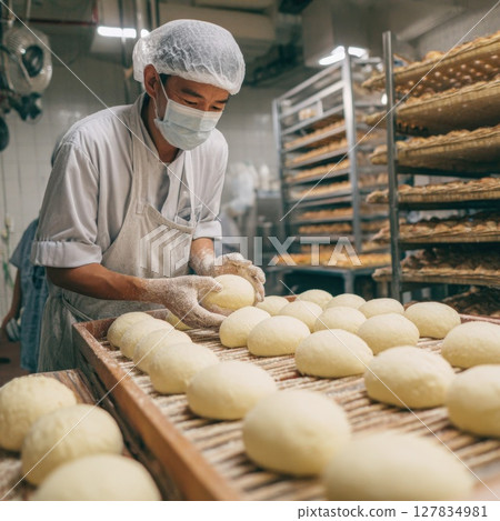 Artisan Baker Crafting Dough Dedicated Professional in a Commercial Bakery, Preparing Freshly Shaped Buns on Trays Emphasizing Quality, Skill, and Food Production Efficiency. 127834981