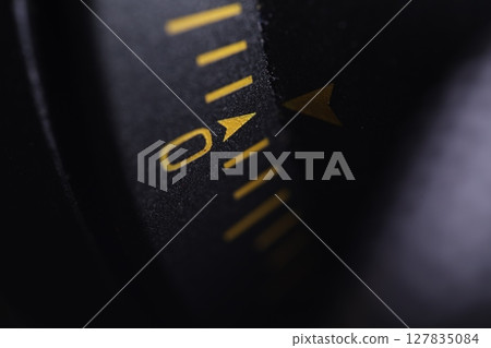 Measurement scale, yellow marks, number zero, macro photo Measurement scale, yellow marks, number zero, macro photo 127835084