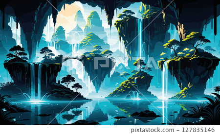 Mystical waterfall landscape with glowing temples and caves 127835146