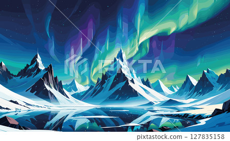 Northern lights over snowy mountain landscape 127835158