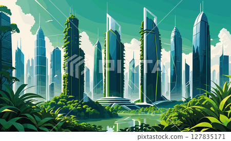 Futuristic eco-city with green skyscrapers and lush vegetation 127835171