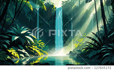Serene tropical waterfall in a lush green rainforest 127835172