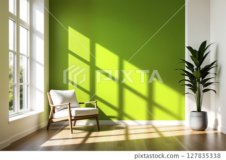 Modern living room with green accent wall and armchair. Minimalist interior. AI generated 127835338