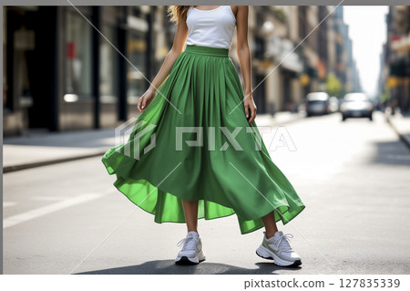 Fashionable woman in green skirt walking confidently on a sunny city street. AI generated Fashionable woman in green skirt walking confidently on a sunny city street. AI generated 127835339