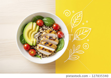 Healthy buddha bowl with grilled chicken, avocado, and grains. Flat lay. AI generated 127835340