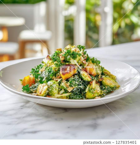 Nutrient Rich Power Bowl Delicious and Healthy Roasted Brussels Sprouts, Kale, and Sweet Potato Salad for a Wholesome Meal 127835401