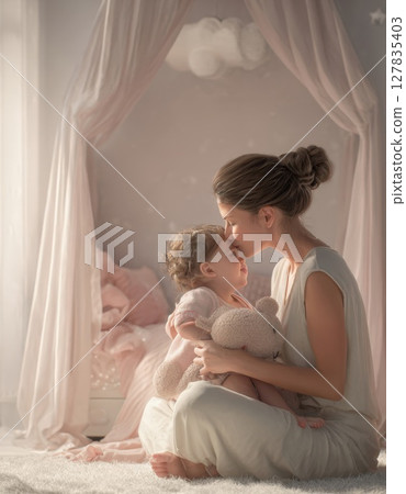 Tender Mother's Love A Heartwarming Moment of Affection and Comfort Between a Mother and Her Child in a Serene Nursery Setting 127835403