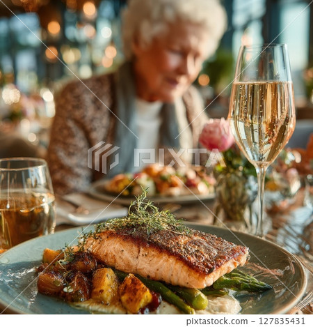 Elegant Restaurant Dining Delicious Pan Seared Salmon with Asparagus and Potatoes, Enjoyed by a Woman in a Sophisticated Setting 127835431