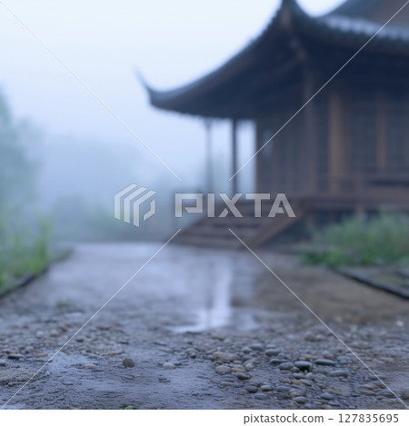 Landscape of foggy chinese garden in the morning, blurred background 127835695