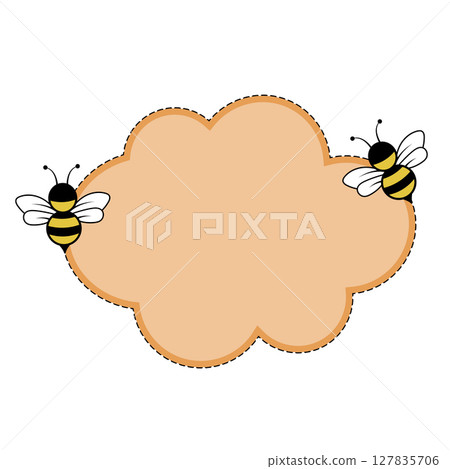 Bee Themed Note Paper Background with Cute Cloud Frame Vector Illustration. A bee themed note paper background featuring a soft, scalloped cloud shaped frame in a warm peach color. 127835706