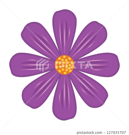 Bright Purple Daisy with Textured Petals Vector Illustration. A stylized purple daisy with nine smooth, rounded petals radiating from a bright golden-yellow center. Bright Purple Daisy with Textured Petals Vector Illustration. A stylized purple daisy with nine smooth, rounded petals radiating from a bright golden-yellow center. 127835707
