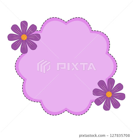 Purple Floral Label Frame with Dotted Border Vector Illustration. A decorative, scalloped edge label in purple with a dashed black outline, giving it a stitched appearance. 127835708