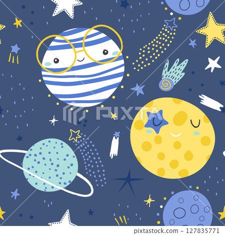 Seamless navy childish pattern with funny planet characters. Trendy cartoon space texture for fabric, apparel, textile, wallpaper. Vector illustration Seamless navy childish pattern with funny planet characters. Trendy cartoon space texture for fabric, apparel, textile, wallpaper. Vector illustration 127835771