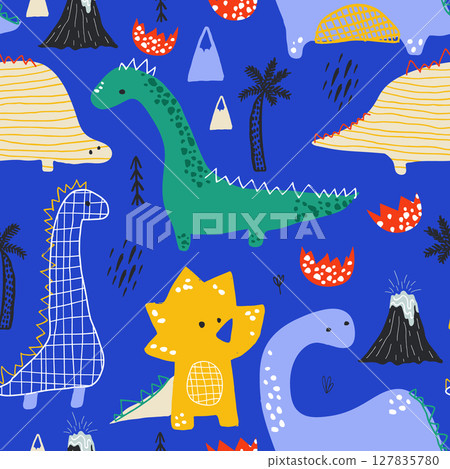 Childish seamless pattern with hand drawn Dino in Scandinavian style. Creative bright vector childish background for fabric, textile 127835780
