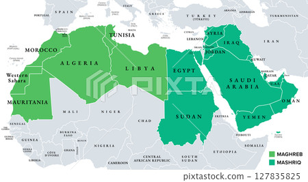 Maghreb and Mashriq, parts of the Arab World, colored political map. Maghreb region, the western part of the Arab World, and opposed the Mashriq region, the eastern part, both located in North Africa. 127835825