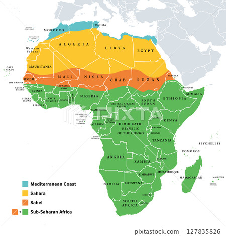 Sahara, Sahel, and Sub-Saharan Africa, colored political map. Sahara, largest hot desert in the world, and most of North Africa. South of it the Sahelian acacia savanna, part of Sub-Saharan Africa. 127835826