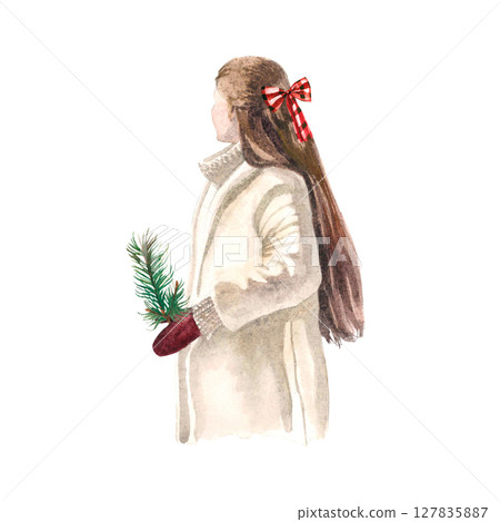 Watercolor hand drawn composition of girl's back with long hair. Aesthetic winter composition Watercolor hand drawn composition of girl's back with long hair. Aesthetic winter composition 127835887