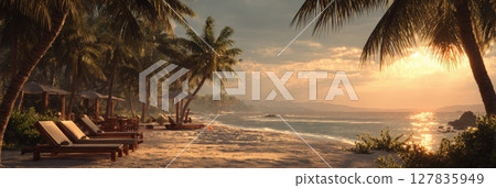 Tropical Paradise Sunset Serene Beach with Palm Trees and Lounge Chairs at Golden Hour, Inviting Relaxation and Idyllic Vacation Escapes 127835949