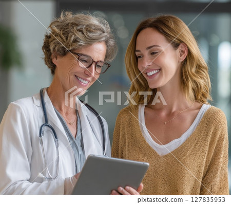 Trusted Medical Consultation Doctor and Patient Reviewing Health Information on a Tablet, Fostering Open Communication and Personalized Care Trusted Medical Consultation Doctor and Patient Reviewing Health Information on a Tablet, Fostering Open Communication and Personalized Care 127835953