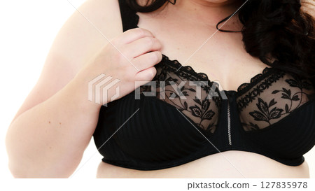 Woman big breast wearing bra 127835978