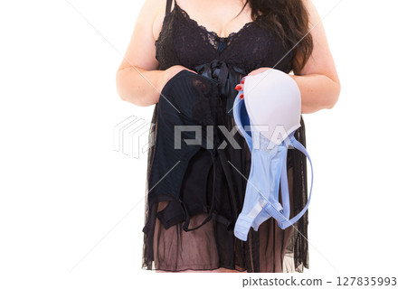 Woman plus size holding bra Woman plus size holding bra 127835993