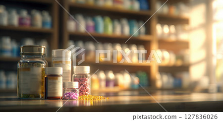 Modern Pharmacy Counter A Variety of Medications and Supplements on Display, Representing Healthcare, Research, and Wellness Solutions for Patients 127836026