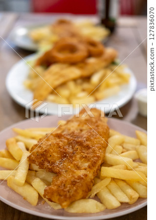Fish and Chips served on plate Fish and Chips served on plate 127836070