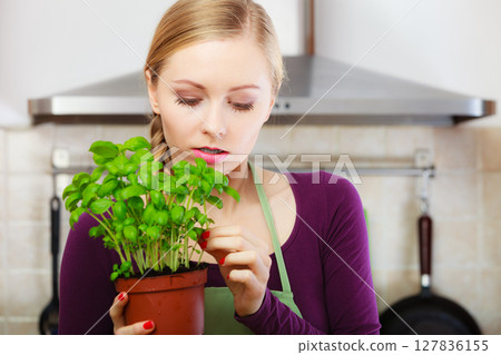 Woman in kitchen with green fresh basil in pot Woman in kitchen with green fresh basil in pot 127836155