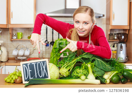 Woman having green diet vegetables, detox sign Woman having green diet vegetables, detox sign 127836198