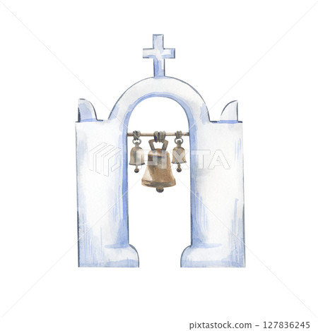 Greek belfry, hand-drawn. Watercolor illustration isolated on a white background. The bell tower on the island of Santorini, Greece. An architectural landmark in the city of Oya. Clipart. Greek belfry, hand-drawn. Watercolor illustration isolated on a white background. The bell tower on the island of Santorini, Greece. An architectural landmark in the city of Oya. Clipart. 127836245