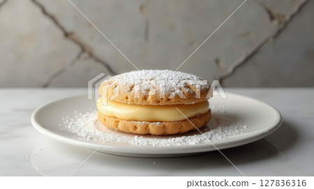 Delicious Uruguayan alfajores dessert served on a plate with powdered sugar 127836316