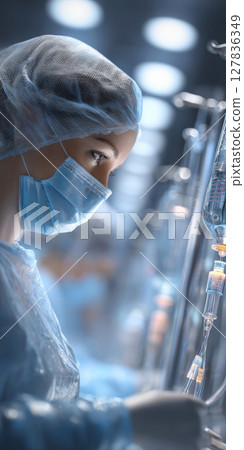 Medical Professional in Surgical Attire Focused Healthcare Specialist in Operating Room Environment, Medical Procedure, Patient Care Medical Professional in Surgical Attire Focused Healthcare Specialist in Operating Room Environment, Medical Procedure, Patient Care 127836349