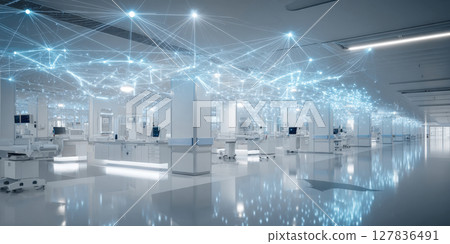 Seamless Connectivity in Healthcare: A Modern Hospital's Interior Illuminated by Digital Network Lines, Showcasing Advanced Technology. 127836491