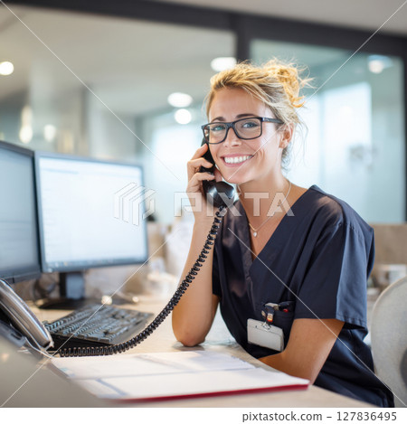 Seamless Medical Communications: A Cheerful Receptionist Manages Inquiries and Appointments, Ensuring Excellent Patient Service. 127836495