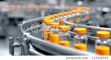 Automated Pharmaceutical Production Line with Vials of Medicine - Efficient Manufacturing Process for Vaccines, Drugs, and Medical Solutions 127836545