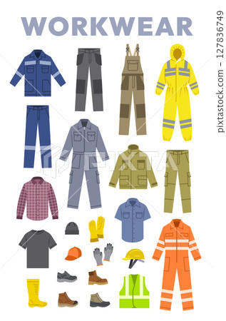 Workwear clothes and shoes. Industrial worker outfit. Work jacket, cargo pants with knee patches, coverall with reflective stripes, overall with pockets, rubber boots, safety helmet, protective gloves 127836749