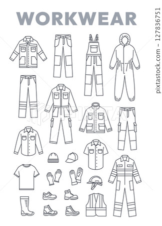 Workwear clothes and shoes line icons. Industrial worker outfit. Work jacket, cargo pants with knee patches, coverall with reflective stripes, overall with pockets, rubber boots, safety helmet, gloves Workwear clothes and shoes line icons. Industrial worker outfit. Work jacket, cargo pants with knee patches, coverall with reflective stripes, overall with pockets, rubber boots, safety helmet, gloves 127836751