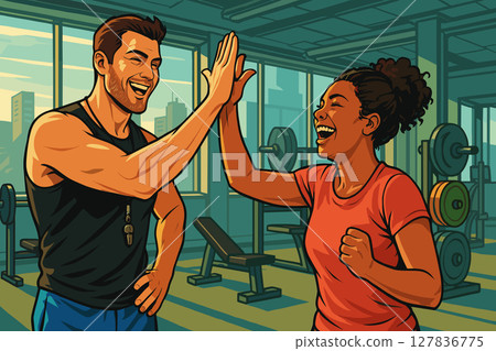 Trainer and Client Celebrate Fitness Success with Joyful High Fives 127836775