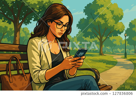 Woman checking emails on phone while sitting in green park 127836806