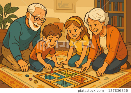 Grandparents and kids playing board games on living room rug Grandparents and kids playing board games on living room rug 127836836